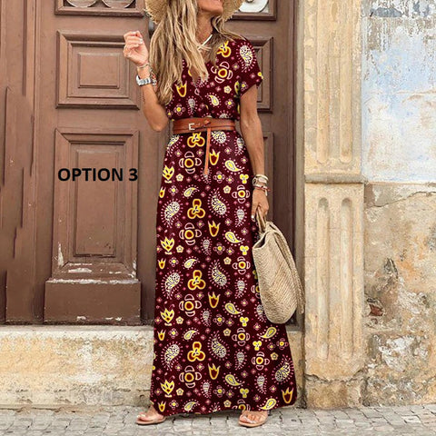 V Neck Short Sleeve Print Large Beach Long Dress CODE: KAR1125