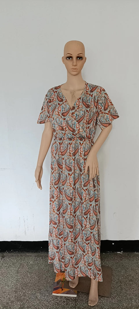 V Neck Short Sleeve Print Large Beach Long Dress CODE: KAR1125