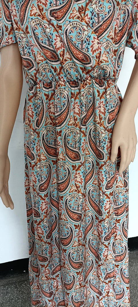 V Neck Short Sleeve Print Large Beach Long Dress CODE: KAR1125