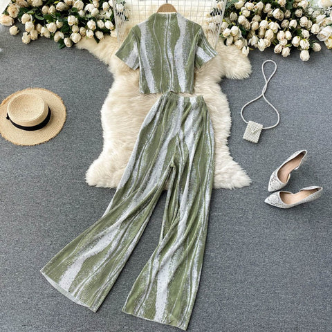 New short sleeve top and high waist pants, pleated Two piece Set CODE: KAR1229