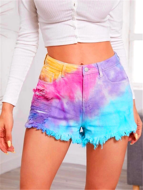 Tie Dye Print Hole Denim Shorts CODE: KAR1130