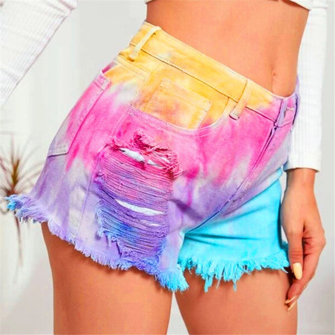 Tie Dye Print Hole Denim Shorts CODE: KAR1130