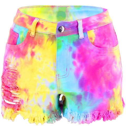 Tie Dye Print Hole Denim Shorts CODE: KAR1130