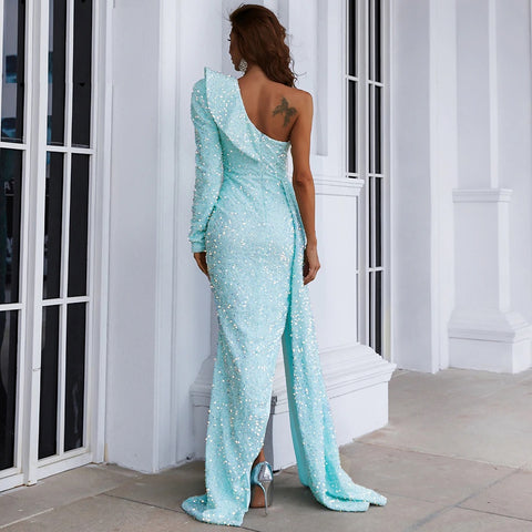 Sexy One Shoulder Ruffles Evening Maxi Side Split Backless Long Dress CODE: KAR1134