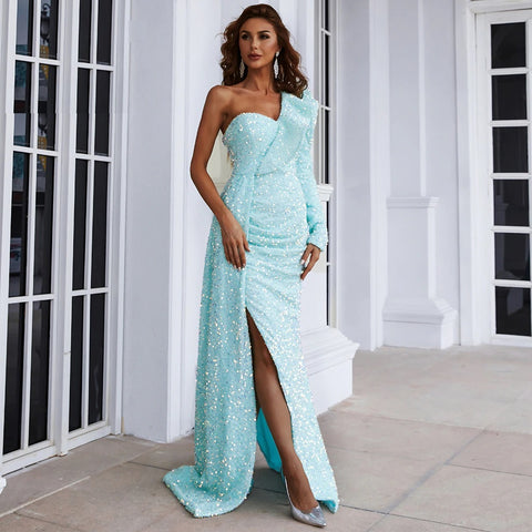 Sexy One Shoulder Ruffles Evening Maxi Side Split Backless Long Dress CODE: KAR1134