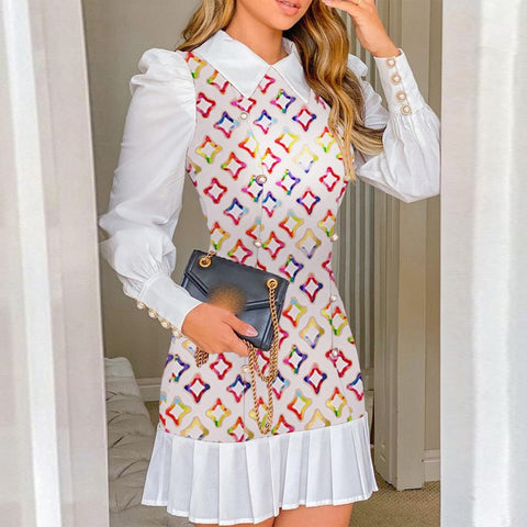 Sexy  Elegant Slim Long Sleeves Turn-down Collar A-Line Autumn Patchwork Plaid Mini Dress CODE: KAR1137