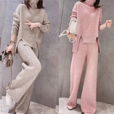 Autumn and Winter slim knit thick loose turtleneck sweater wide leg pants two piece set CODE: KAR1145