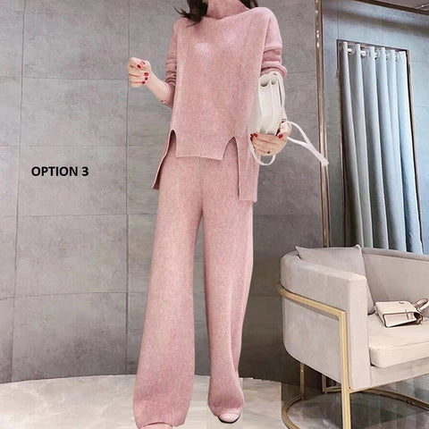 Autumn and Winter slim knit thick loose turtleneck sweater wide leg pants two piece set CODE: KAR1145