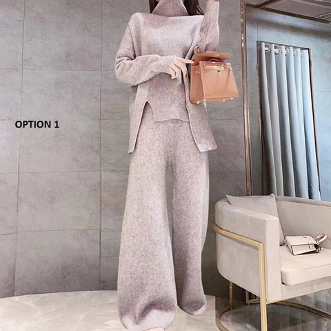 Autumn and Winter slim knit thick loose turtleneck sweater wide leg pants two piece set CODE: KAR1145