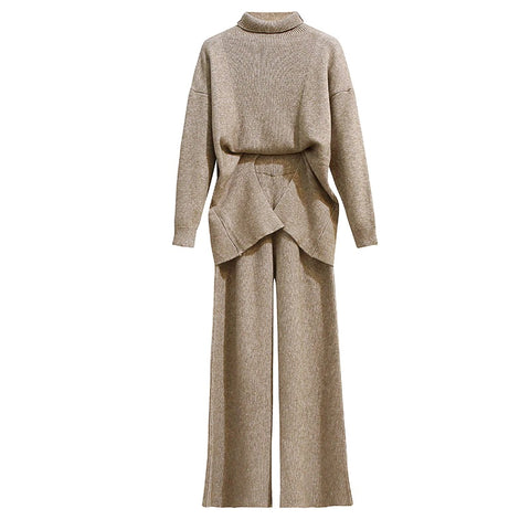 Autumn and Winter slim knit thick loose turtleneck sweater wide leg pants two piece set CODE: KAR1145