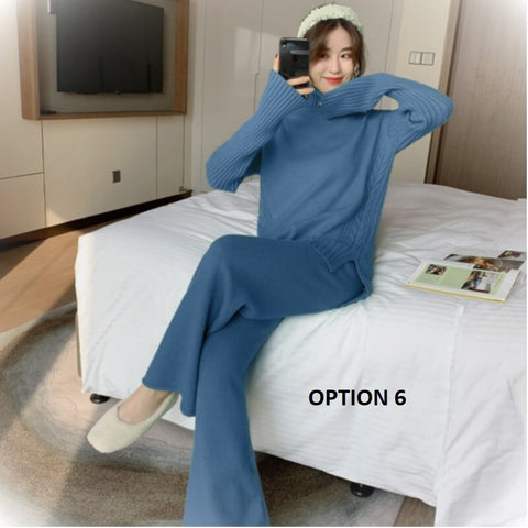 Autumn Winter Sweater Knitted Thicken Warm Turtleneck Split Loose Pullovers + Wide Legs Pants 2 Piece Set CODE: KAR1146