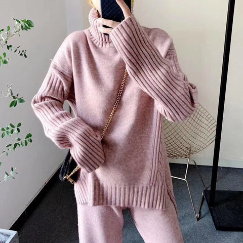 Autumn Winter Sweater Knitted Thicken Warm Turtleneck Split Loose Pullovers + Wide Legs Pants 2 Piece Set CODE: KAR1146