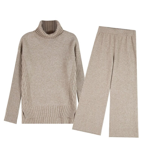 Autumn Winter Sweater Knitted Thicken Warm Turtleneck Split Loose Pullovers + Wide Legs Pants 2 Piece Set CODE: KAR1146