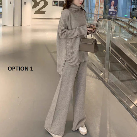 Autumn Winter Sweater Knitted Thicken Warm Turtleneck Split Loose Pullovers + Wide Legs Pants 2 Piece Set CODE: KAR1146