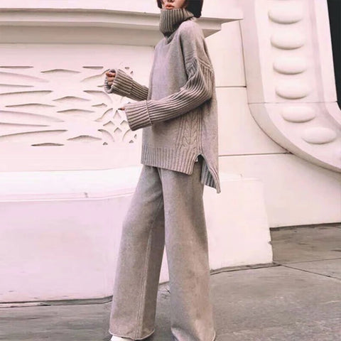 Autumn Winter Sweater Knitted Thicken Warm Turtleneck Split Loose Pullovers + Wide Legs Pants 2 Piece Set CODE: KAR1146