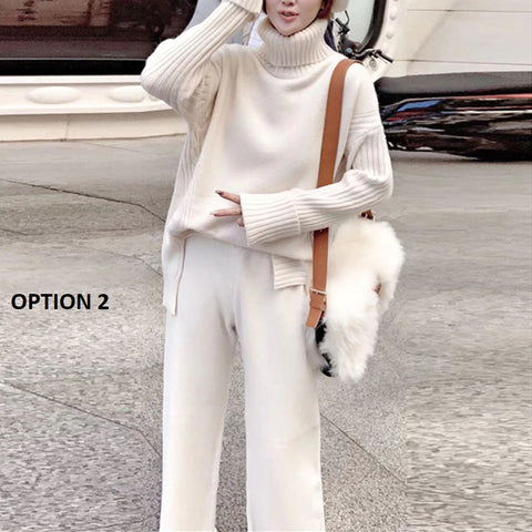 Autumn Winter Sweater Knitted Thicken Warm Turtleneck Split Loose Pullovers + Wide Legs Pants 2 Piece Set CODE: KAR1146