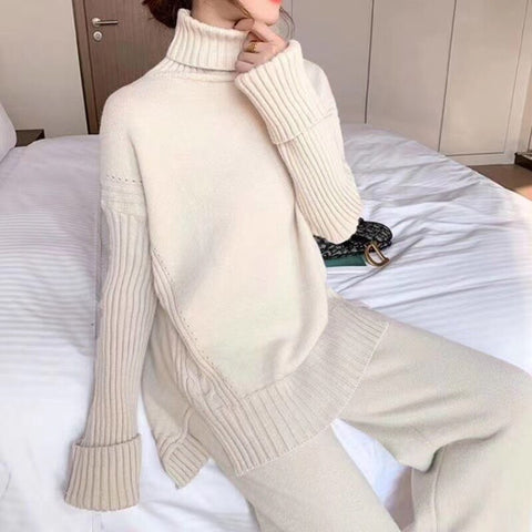 Autumn Winter Sweater Knitted Thicken Warm Turtleneck Split Loose Pullovers + Wide Legs Pants 2 Piece Set CODE: KAR1146