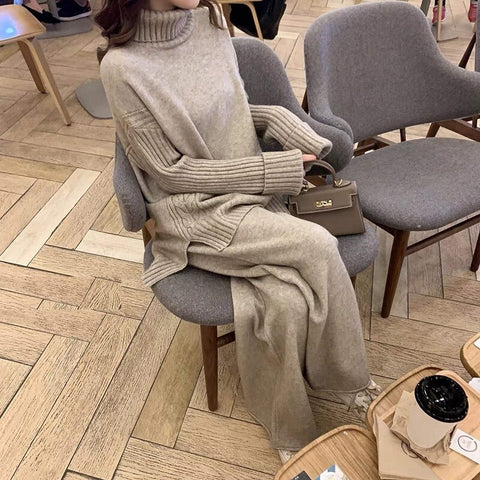Autumn Winter Sweater Knitted Thicken Warm Turtleneck Split Loose Pullovers + Wide Legs Pants 2 Piece Set CODE: KAR1146