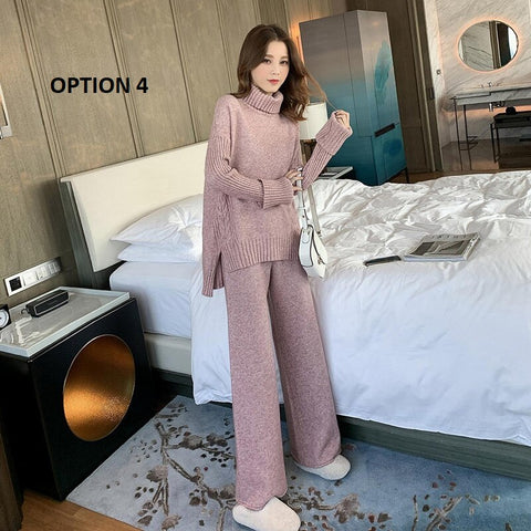 Autumn Winter Sweater Knitted Thicken Warm Turtleneck Split Loose Pullovers + Wide Legs Pants 2 Piece Set CODE: KAR1146