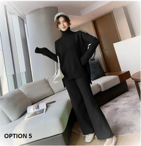 Autumn Winter Sweater Knitted Thicken Warm Turtleneck Split Loose Pullovers + Wide Legs Pants 2 Piece Set CODE: KAR1146