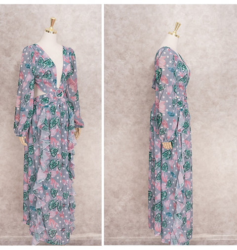 Floral Print Bikini Cover-ups Sexy Cross Open Back Long Sleeve Dress CODE: KAR1147
