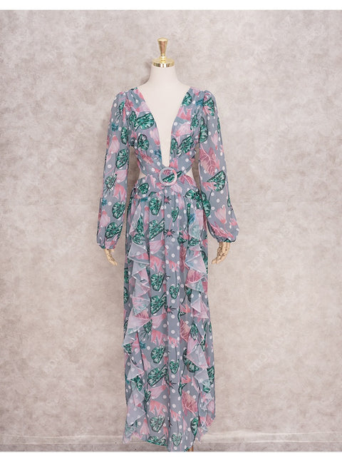 Floral Print Bikini Cover-ups Sexy Cross Open Back Long Sleeve Dress CODE: KAR1147