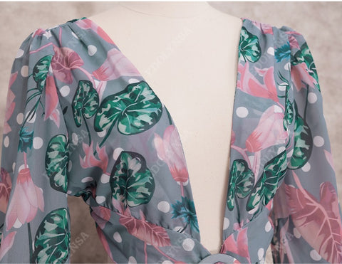 Floral Print Bikini Cover-ups Sexy Cross Open Back Long Sleeve Dress CODE: KAR1147