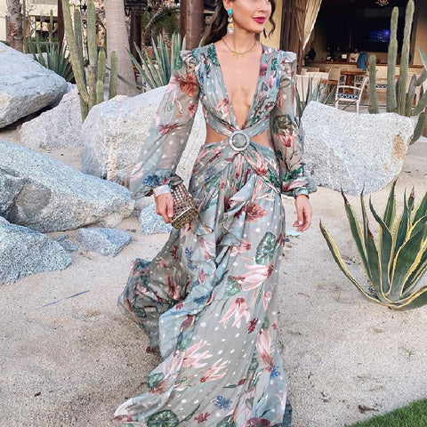 Floral Print Bikini Cover-ups Sexy Cross Open Back Long Sleeve Dress CODE: KAR1147