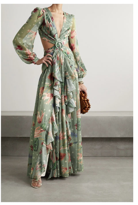 Floral Print Bikini Cover-ups Sexy Cross Open Back Long Sleeve Dress CODE: KAR1147