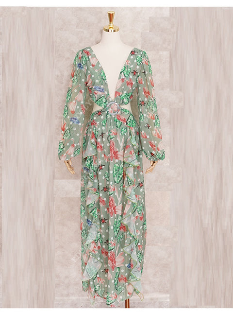Floral Print Bikini Cover-ups Sexy Cross Open Back Long Sleeve Dress CODE: KAR1147