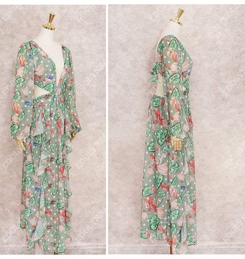 Floral Print Bikini Cover-ups Sexy Cross Open Back Long Sleeve Dress CODE: KAR1147