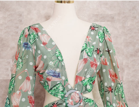 Floral Print Bikini Cover-ups Sexy Cross Open Back Long Sleeve Dress CODE: KAR1147