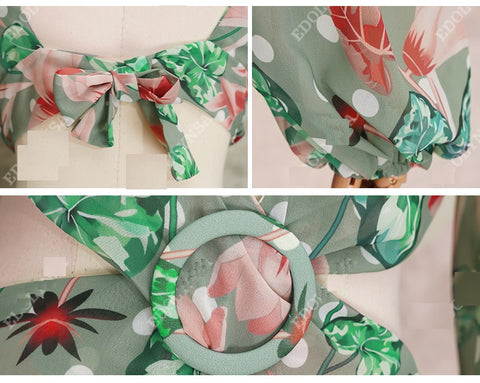 Floral Print Bikini Cover-ups Sexy Cross Open Back Long Sleeve Dress CODE: KAR1147