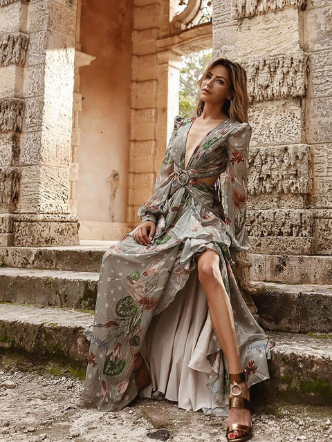 Floral Print Bikini Cover-ups Sexy Cross Open Back Long Sleeve Dress CODE: KAR1147