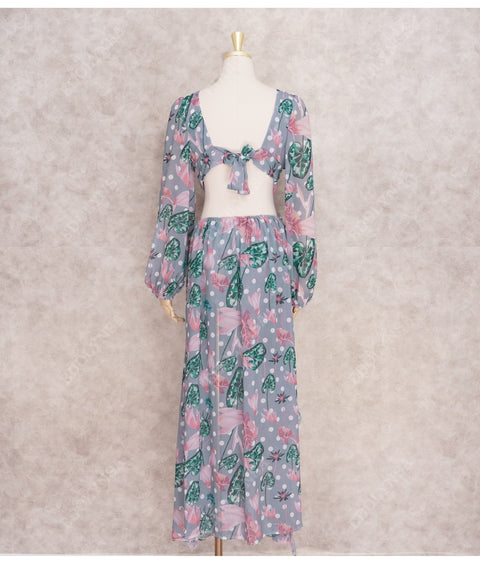 Floral Print Bikini Cover-ups Sexy Cross Open Back Long Sleeve Dress CODE: KAR1147