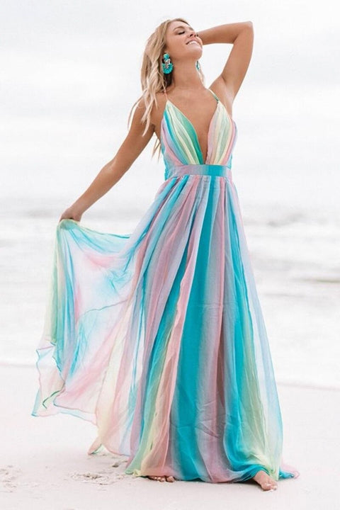 Rainbow Patchwork Deep V Neck Sexy Long Backless Spaghetti Strap Plus Size Maxi Dress CODE: KAR1154
