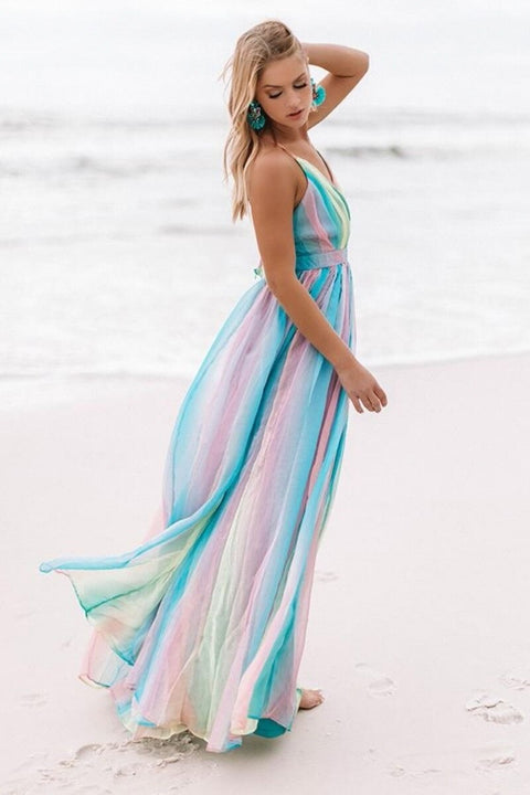 Rainbow Patchwork Deep V Neck Sexy Long Backless Spaghetti Strap Plus Size Maxi Dress CODE: KAR1154
