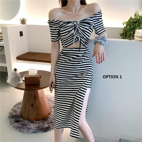 Mid-calf Sexy Side Slit Retro Striped Crop Slash Neck Shirring Summer Beach Dress Set CODE: KAR1158