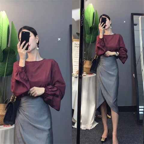 New Style Casual Black High-Waisted Hip Split Skirt Suits Two Piece Set CODE: KAR1159