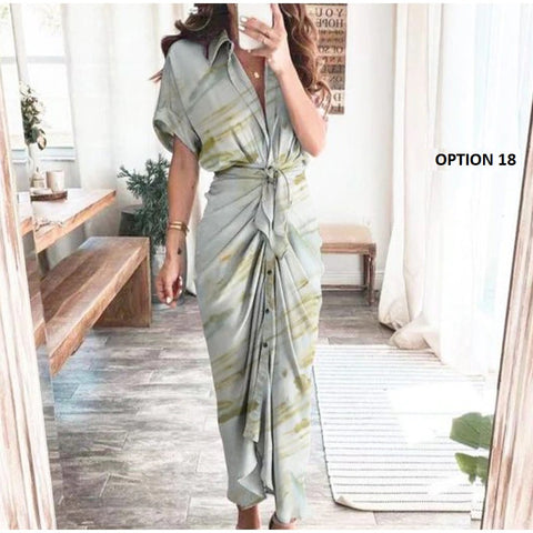 Elegant  Casual Short Sleeve Solid V Neck Beach Button Ruched Bandage Shirt Dress CODE: KAR1163