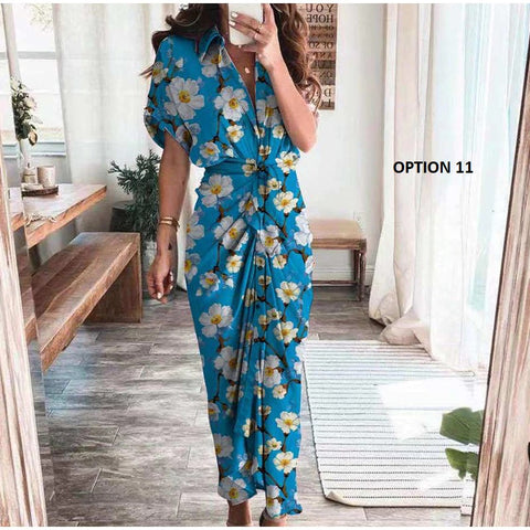 Elegant  Casual Short Sleeve Solid V Neck Beach Button Ruched Bandage Shirt Dress CODE: KAR1163