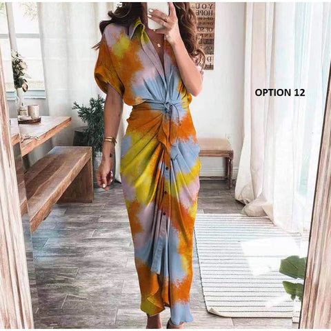 Elegant  Casual Short Sleeve Solid V Neck Beach Button Ruched Bandage Shirt Dress CODE: KAR1163