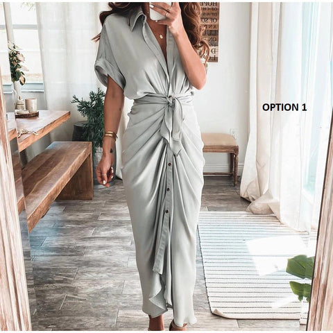 Elegant  Casual Short Sleeve Solid V Neck Beach Button Ruched Bandage Shirt Dress CODE: KAR1163