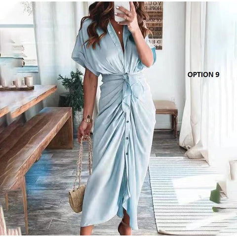 Elegant  Casual Short Sleeve Solid V Neck Beach Button Ruched Bandage Shirt Dress CODE: KAR1163