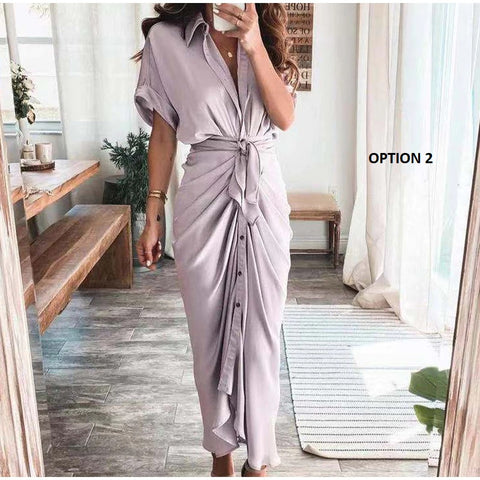 Elegant  Casual Short Sleeve Solid V Neck Beach Button Ruched Bandage Shirt Dress CODE: KAR1163