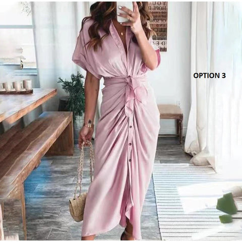 Elegant  Casual Short Sleeve Solid V Neck Beach Button Ruched Bandage Shirt Dress CODE: KAR1163