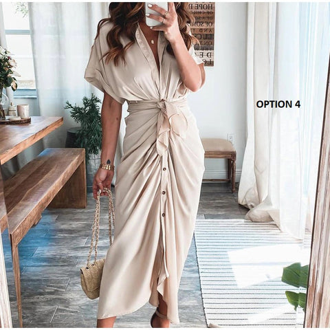 Elegant  Casual Short Sleeve Solid V Neck Beach Button Ruched Bandage Shirt Dress CODE: KAR1163