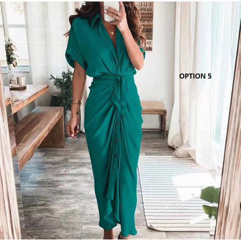 Elegant  Casual Short Sleeve Solid V Neck Beach Button Ruched Bandage Shirt Dress CODE: KAR1163