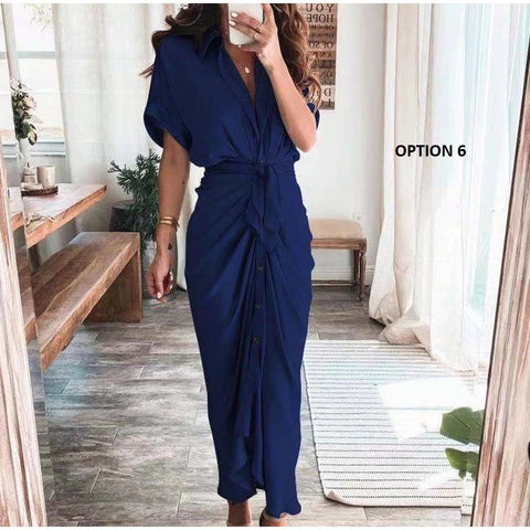 Elegant  Casual Short Sleeve Solid V Neck Beach Button Ruched Bandage Shirt Dress CODE: KAR1163