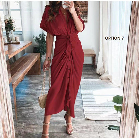 Elegant  Casual Short Sleeve Solid V Neck Beach Button Ruched Bandage Shirt Dress CODE: KAR1163